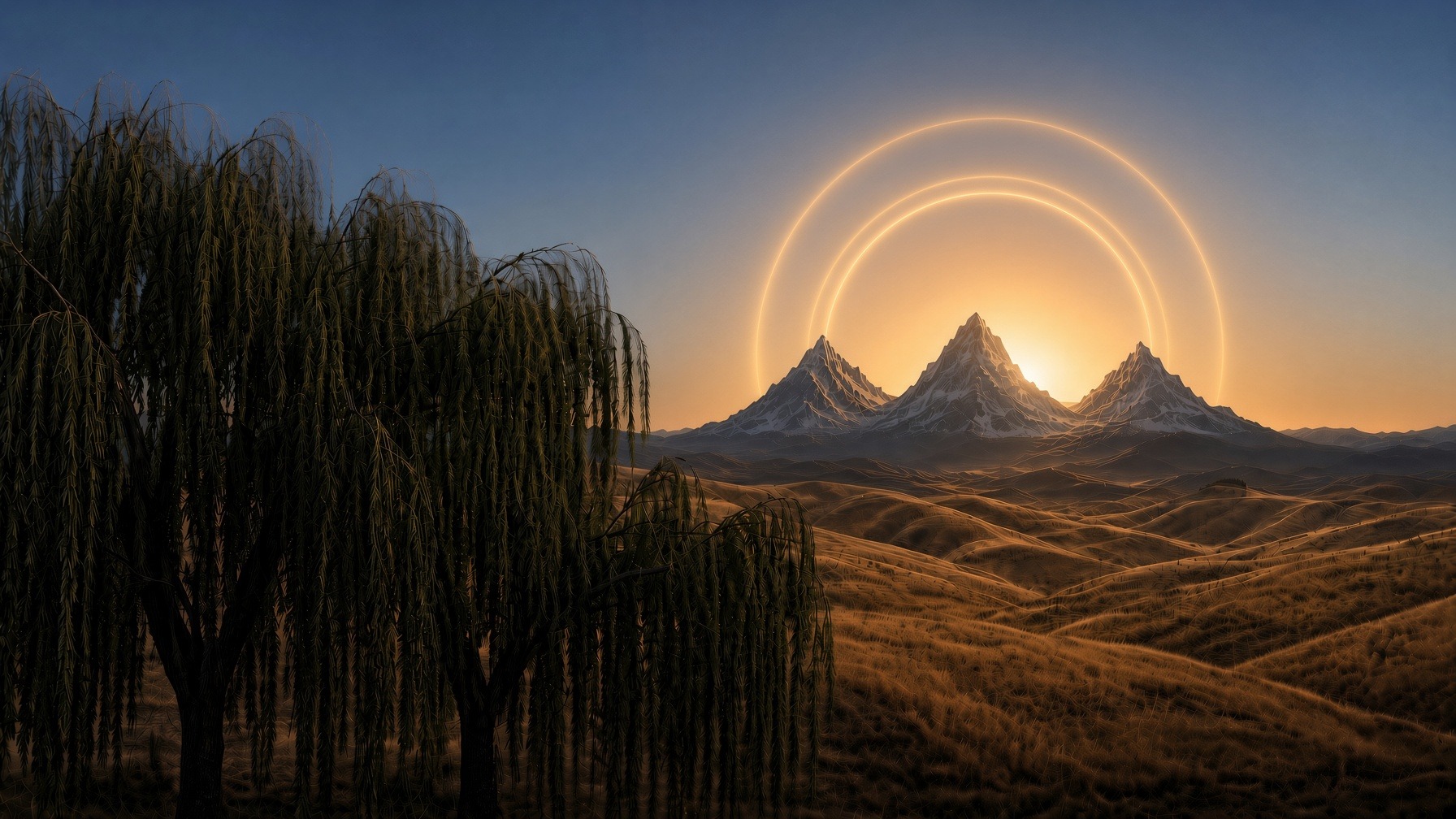 Willow trees and California peaks at dusk